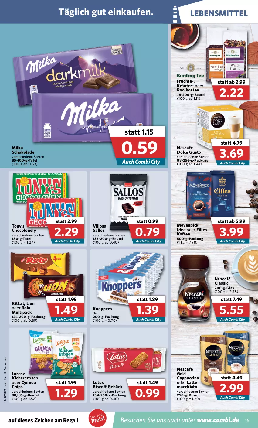 Aktueller Prospekt Combi - Prospekte - von 28.02 bis 05.03.2022 - strona 15 - produkty: ACC, beutel, biscoff, Cap, cappuccino, chia, chips, cin, dolce gusto, erbsen, früchte, kaffee, kichererbsen, kitkat, knoppers, kräuter, latte, latte macchiato, lebensmittel, lion, lorenz, mac, macchiato, milka, milka schokolade, mövenpick, Nescafé, nescafé gold, quinoa, regal, schoko, schokolade, tee, Ti