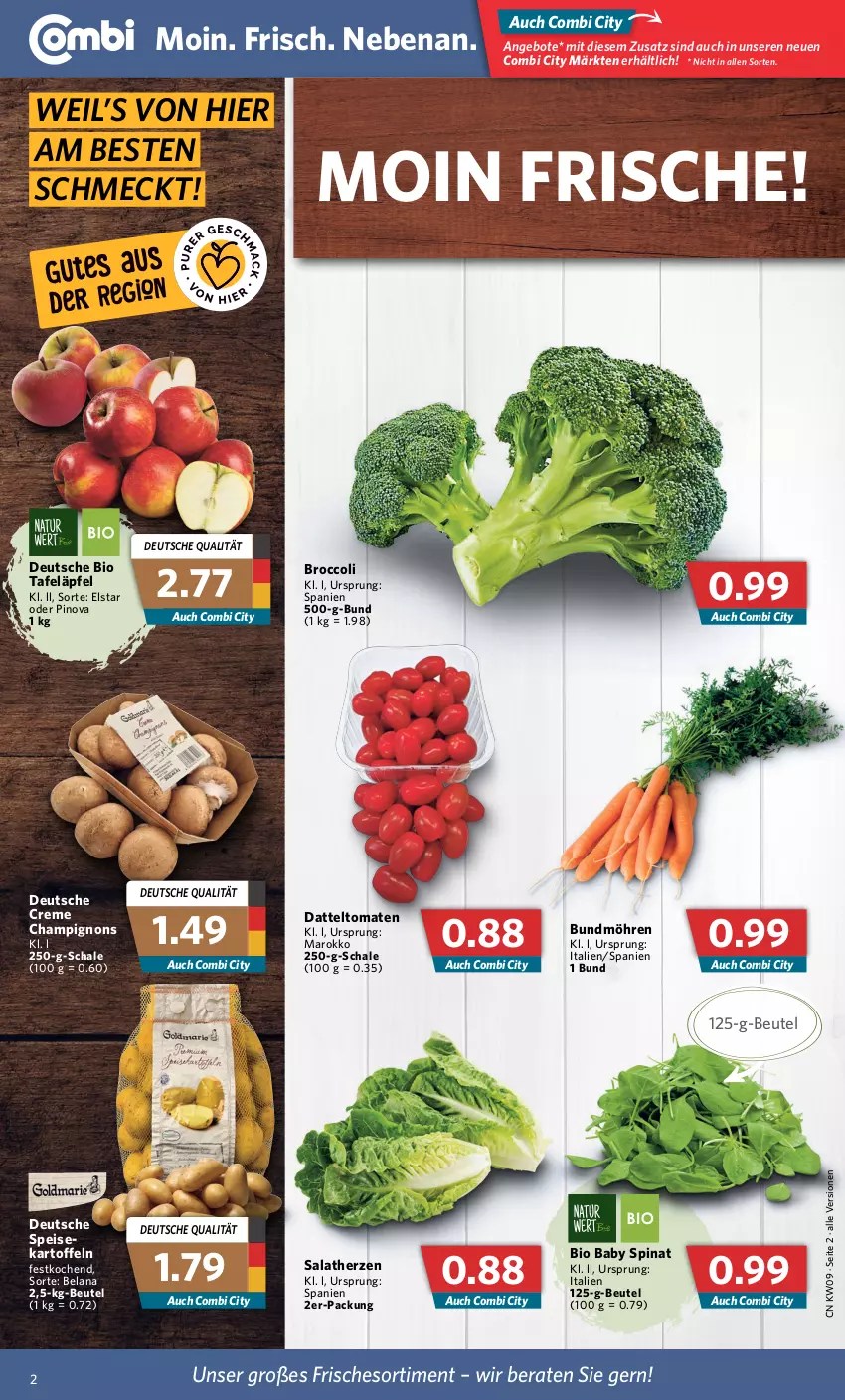 Aktueller Prospekt Combi - Prospekte - von 28.02 bis 05.03.2022 - strona 2 - produkty: angebot, angebote, beutel, bio, broccoli, Bundmöhren, champignon, champignons, creme, datteltomaten, eis, Elan, kartoffel, kartoffeln, möhren, salat, salatherzen, Schal, Schale, spinat, tafeläpfel, Ti, tomate, tomaten