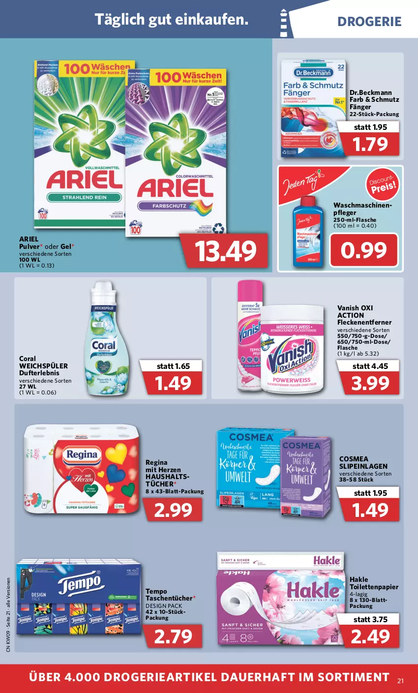 Aktueller Prospekt Combi - Prospekte - von 28.02 bis 05.03.2022 - strona 21 - produkty: ariel, auer, Coral, cosmea, flasche, Fleckenentferner, gin, hakle, hakle toilettenpapier, Maschinenpfleger, oxi action, papier, slip, slipeinlagen, Tasche, taschen, taschentücher, Tempo, Ti, toilettenpapier, tücher, vanish, vanish oxi action, waschmaschine, waschmaschinen, weichspüler