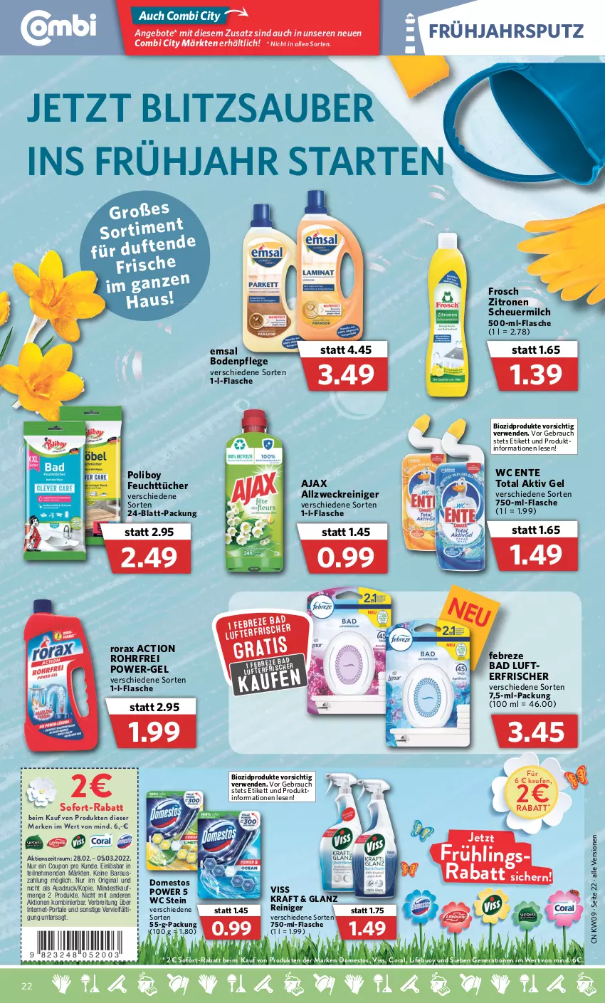 Aktueller Prospekt Combi - Prospekte - von 28.02 bis 05.03.2022 - strona 22 - produkty: ajax, aktiv gel, allzweckreiniger, angebot, angebote, Bad, bio, biozidprodukte, Brei, Coral, coupon, domestos, eis, emsa, ente, febreze, feuchttücher, flasche, Frosch, gin, Heu, kraft, milch, power-gel, Rauch, reiniger, rorax, rwe, scheuermilch, sofort-rabatt, Ti, tücher, wc ente, weck, zitrone, zitronen