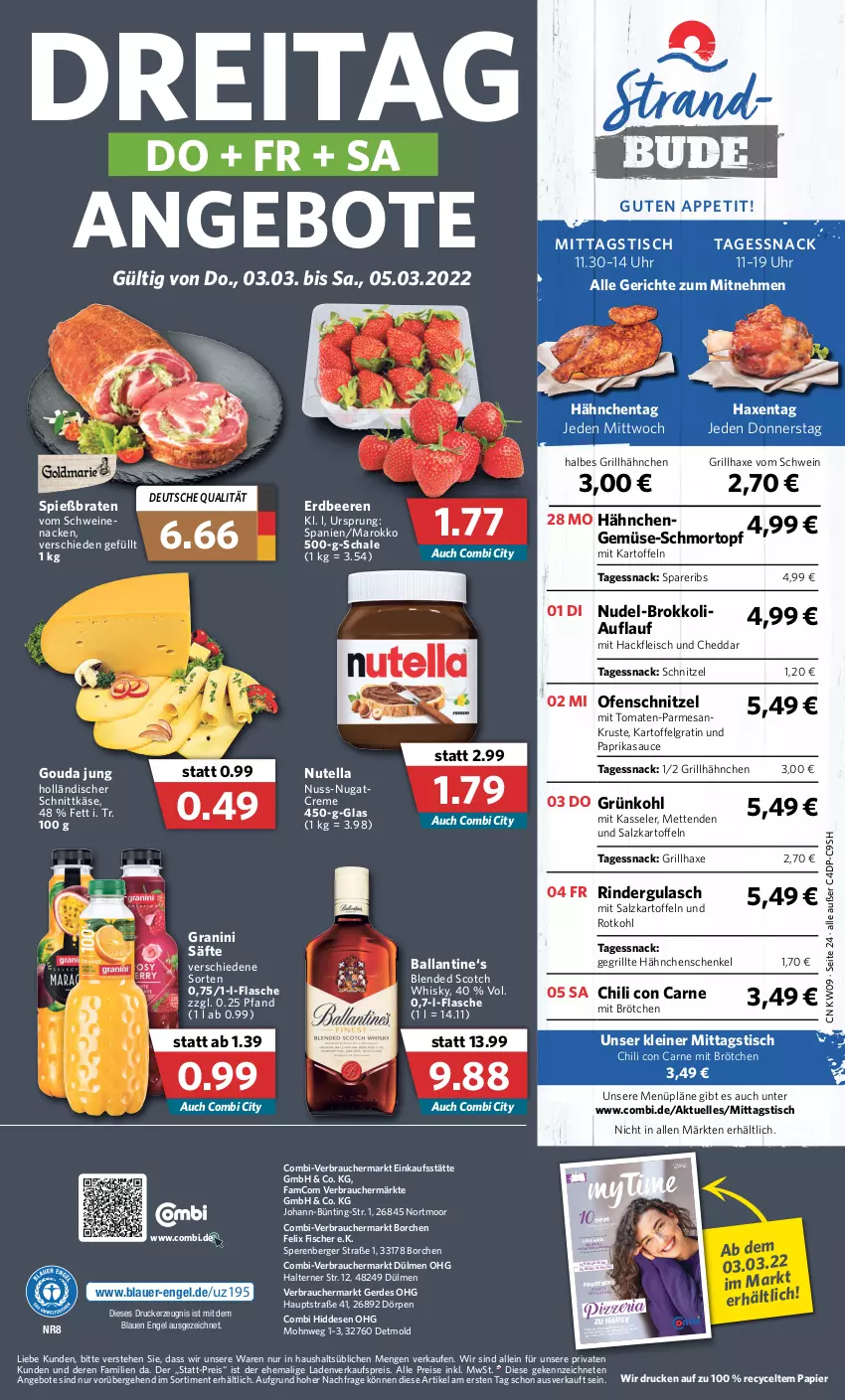 Aktueller Prospekt Combi - Prospekte - von 28.02 bis 05.03.2022 - strona 24 - produkty: angebot, angebote, auer, axe, ball, beere, beeren, Berger, blended scotch, blended scotch whisky, braten, brokkoli, brötchen, cheddar, chili, creme, drucker, eis, elle, Engel, erdbeere, erdbeeren, erde, felix, feta, fisch, fische, Fischer, flasche, fleisch, Gegrillte Hähnchenschenkel, gouda, gouda jung, granini, grill, grillhähnchen, grillhaxe, gulasch, hackfleisch, hähnchenschenkel, Haxe, henkel, holländischer schnittkäse, kartoffel, kartoffeln, Käse, kasseler, kerze, leine, LG, Mett, metten, Mettenden, nudel, nuss, nutella, Ofen, papier, paprika, pasta, pizza, Rauch, reis, Ria, rind, rinder, rindergulasch, rotkohl, säfte, salz, sauce, Schal, Schale, schenkel, schnittkäse, schnitzel, schwein, schweine, scotch, scotch whisky, snack, spareribs, Ti, tisch, tomate, tomaten, topf, uhr, wasser, wein, weine, whisky