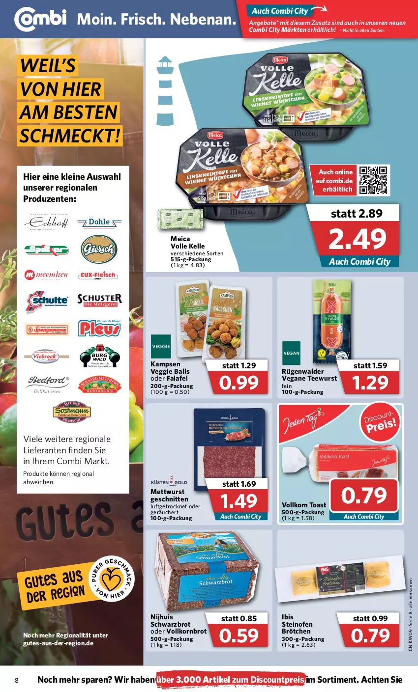 Aktueller Prospekt Combi - Prospekte - von 28.02 bis 05.03.2022 - strona 8 - produkty: angebot, angebote, ball, brot, brötchen, discount, eis, elle, ente, Falafel, korn, Kornbrot, leine, meica, Mett, mettwurst, Ofen, reis, rügenwalder, schnitten, Schwarzbrot, steinofen, tee, teewurst, Ti, toast, veggie, vollkornbrot, wurst