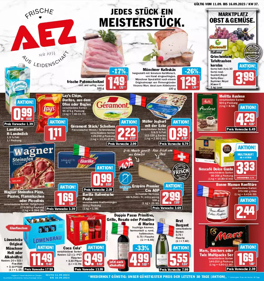 Aktueller Prospekt Aez - Prospekte - von 11.09 bis 16.09.2023 - strona 1 - produkty: aktionspreis, alkohol, barilla, Becher, bonne maman, brut, brut dargent, bugles, chips, cola, dolce gusto, doppio passo, Doritos, eis, flammkuchen, flasche, fleisch, frucht, géramont, gin, glasflasche, grill, grillo, hartkäse, italienische pasta, joghur, joghurt, joghurt mit der ecke, Kalbfleisch, Käse, konfitüre, kuchen, lamm, landliebe, landmilch, mam, mars, Meister, melitta, milch, Müller, natur, Nescafé, obst, oder piccolinis, oder twix, Ofen, passo, pasta, piccolinis, pizza, primitivo, pute, putenschnitzel, reis, rezept, rosato, saft, Schmelzkäse, schnitzel, schweizer hartkäse, snickers, Spezi, steinofen, steinofen pizza, tafeltrauben, Ti, trauben, twix, wagner, ZTE