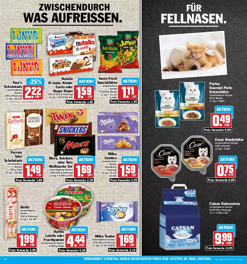 Aktueller Prospekt Aez - Prospekte - von 11.09 bis 16.09.2023 - strona 12 - produkty: beutel, catsan, cookie, cookies, eis, ferrero, frucht, fruchtgummi, funny-frisch, giotto, haribo, hipp, katzenfutter, Katzenstreu, Kinder, Lakritz, mars, milka, nutella, oder twix, purina, reis, reiss, Schal, Schale, schoko, schokolade, snickers, Spezi, tender, Ti, twix, ZTE