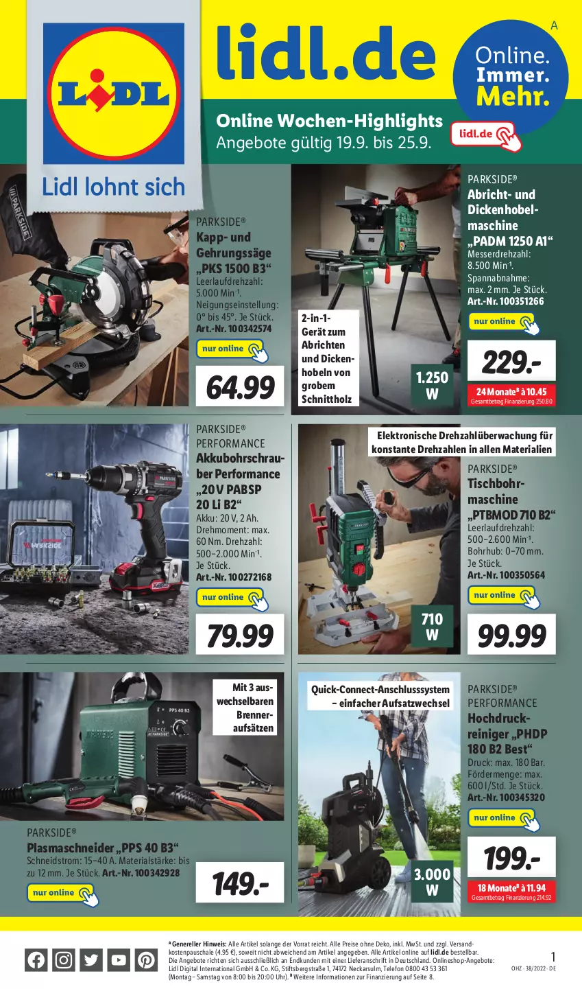 Aktueller Prospekt Lidl - Wochen-Highlights im Onlineshop - von 19.09 bis 25.09.2022 - strona 1 - produkty: akku, angebot, angebote, Bohrschrauber, eis, Elektro, elle, Gehrungssäge, hochdruckreiniger, Holz, messer, ndk, Parkside, Plasmaschneider, reiniger, reis, rel, Ria, säge, Schal, Schale, telefon, Ti, tisch, Tischbohrmaschine, uhr