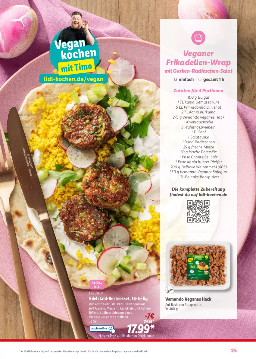 Aktueller Prospekt Lidl - Fantastische Ostermomente - von 11.03 bis 01.04.2024 - strona 25 - produkty: angebot, besteck, besteckset, Brühe, bulgur, dell, edelstahl, Edelstahl-Besteck, eis, elle, ernesto, frikadellen, gabel, Gemüsebrühe, gurke, gurken, kaffee, knoblauch, LG, Löffel, mehl, messer, minze, olive, oliven, olivenöl, petersilie, pfeffer, radieschen, reis, Ria, salat, Salatgurke, salz, senf, soja, spülmaschinen, Ti, weizenmehl, wrap, ZTE, zwiebel, zwiebeln