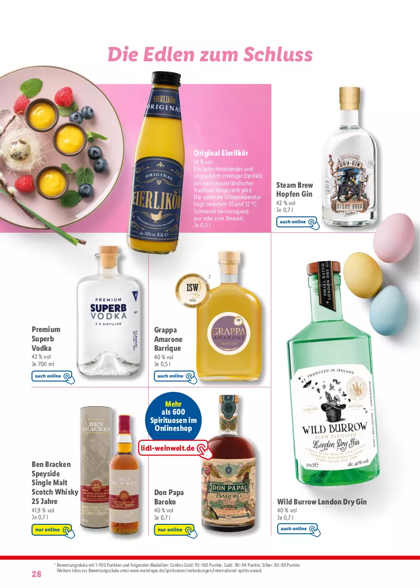 Aktueller Prospekt Lidl - Fantastische Ostermomente - von 11.03 bis 01.04.2024 - strona 28 - produkty: amaro, dessert, dry gin, eier, eierlikör, gin, grappa, LG, likör, london dry, london dry gin, scotch, scotch whisky, single malt, spirituosen, Ti, vodka, wein, whisky, Wild