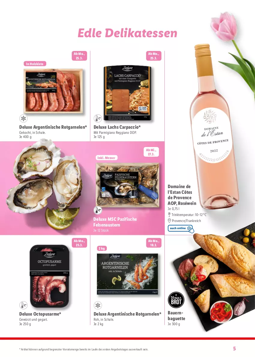 Aktueller Prospekt Lidl - Fantastische Ostermomente - von 11.03 bis 01.04.2024 - strona 5 - produkty: ACC, angebot, auer, aust, Austern, baguette, Bau, Bauer, brot, Carpaccio, Côtes de Provence, fisch, fische, garnelen, gewürz, Holz, lachs, messer, parmigiano, parmigiano reggiano, reggiano, roséwein, Schal, Schale, Ti, wein, ZTE