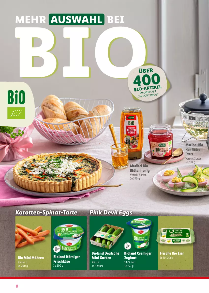 Aktueller Prospekt Lidl - Fantastische Ostermomente - von 11.03 bis 01.04.2024 - strona 8 - produkty: auer, bio, bioland, Blüte, blütenhonig, eier, frischkäse, gurke, gurken, honig, joghur, joghurt, karotten, Käse, konfitüre, konfitüre extra, Körniger Frischkäse, möhren, spinat, Ti