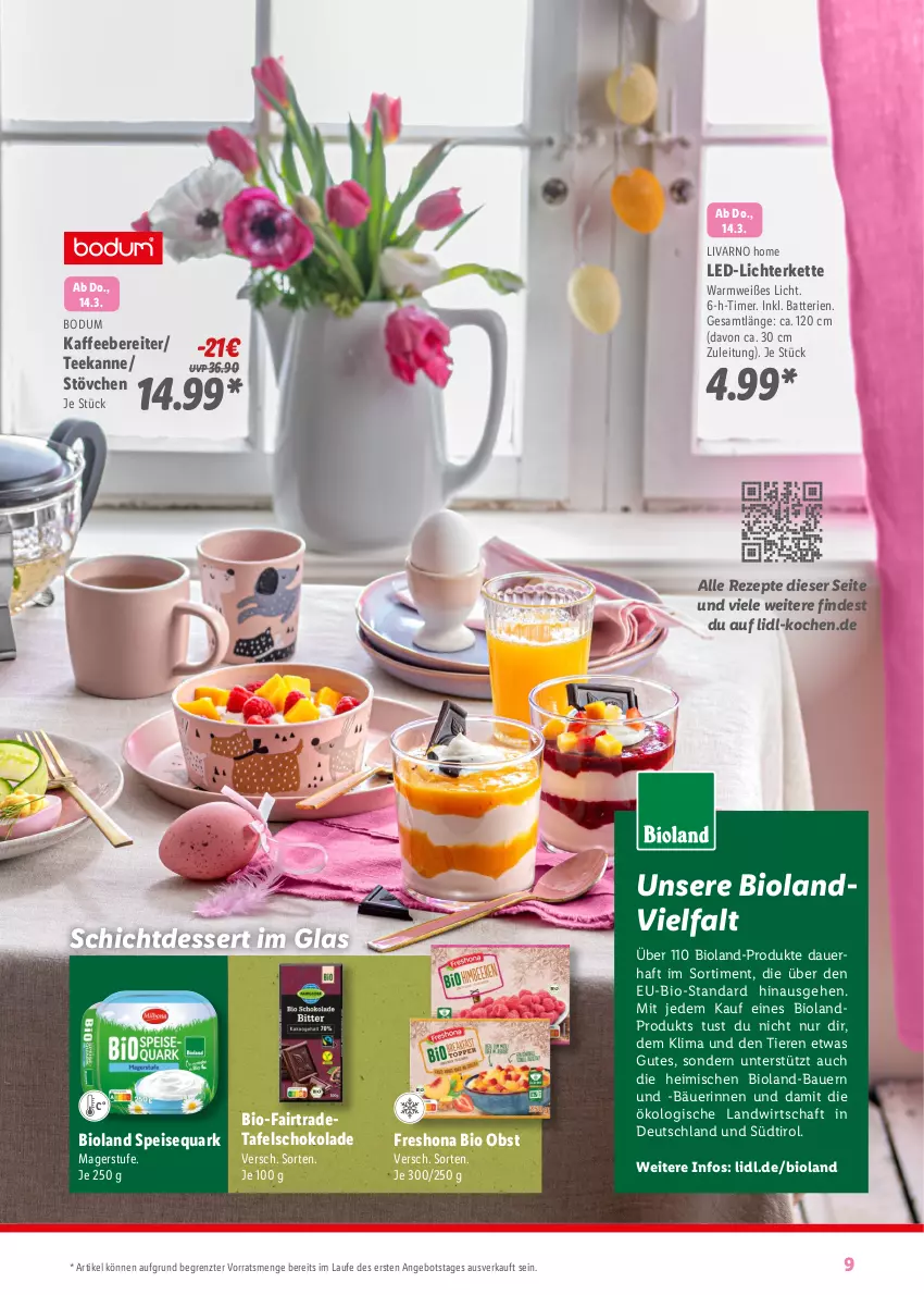 Aktueller Prospekt Lidl - Fantastische Ostermomente - von 11.03 bis 01.04.2024 - strona 9 - produkty: angebot, auer, batterie, batterien, Bau, Bauer, bio, bioland, bodum, dessert, eis, kaffee, kaffeebereiter, Kette, led-licht, lichterkette, obst, quark, rezept, rezepte, schoko, schokolade, speisequark, tafelschokolade, tee, teekanne, Ti, Tiere, timer, ZTE