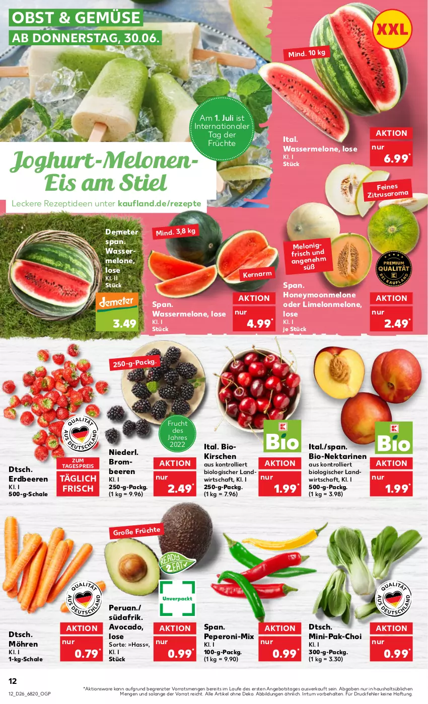 Aktueller Prospekt Kaufland - von 30.06 bis 06.07.2022 - strona 12 - produkty: angebot, avocado, beere, beeren, bio, brombeere, brombeeren, eis, erdbeere, erdbeeren, frucht, früchte, joghur, joghurt, kirsch, kirsche, kirschen, melone, melonen, möhren, Nektar, nektarinen, obst, peperoni, Peroni, reis, rezept, rezepte, saro, Schal, Schale, Ti, trolli, wasser, wassermelone, ZTE