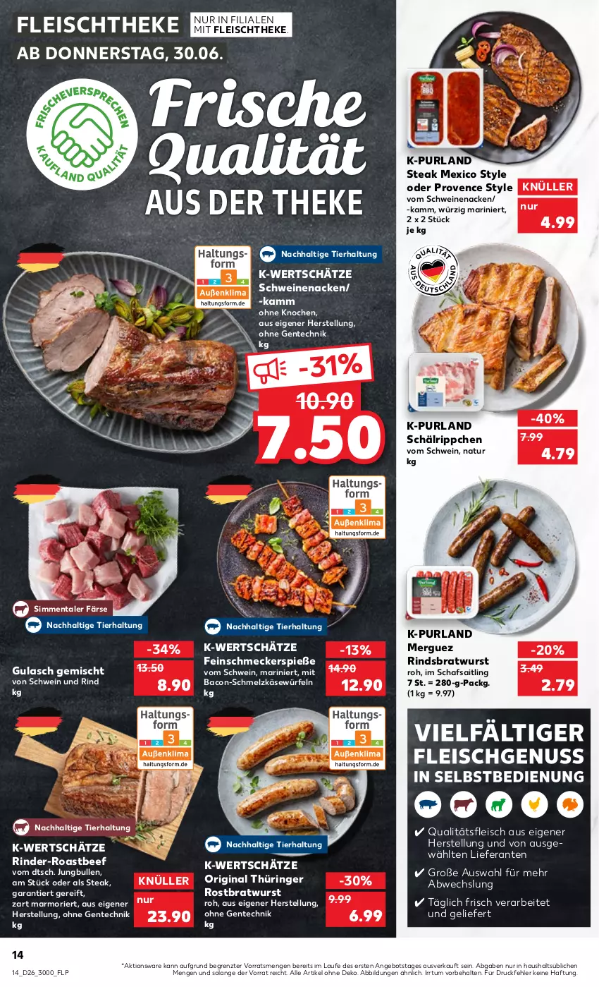 Aktueller Prospekt Kaufland - von 30.06 bis 06.07.2022 - strona 14 - produkty: angebot, bacon, beef, bratwurst, eis, ente, feinschmecker, fleisch, gin, gulasch, jungbullen, Käse, natur, original thüringer, purland, rind, rinder, ring, roastbeef, rostbratwurst, Schmelzkäse, schwein, schwein und rind, schweine, schweinenacken, sim, steak, thüringer rostbratwurst, Ti, vom schweinenacken, wein, weine, würfel, wurst, ZTE