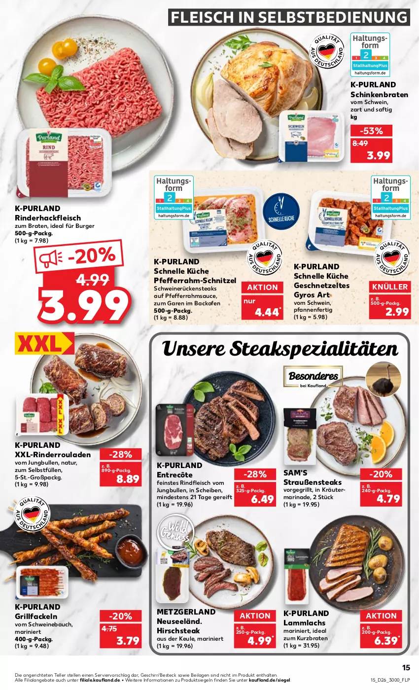 Aktueller Prospekt Kaufland - von 30.06 bis 06.07.2022 - strona 15 - produkty: angebot, angebote, backofen, Bau, besteck, braten, burger, eis, elle, entrecôte, fleisch, fleisch in selbstbedienung, geschirr, geschnetzeltes, grill, grillfackeln, gyros, hackfleisch, ilag, jungbullen, kräuter, küche, lachs, lamm, marinade, natur, Ofen, pfanne, pfannen, pfeffer, purland, rind, rinder, rinderhackfleisch, Rinderroulade, rinderrouladen, rindfleisch, rouladen, Rückensteak, rückensteaks, saft, sauce, schinken, schinkenbraten, schnitzel, schwein, schweine, Schweinebauch, schweinerücken, Spezi, steak, steaks, teller, Ti, wein, weine, Zelt