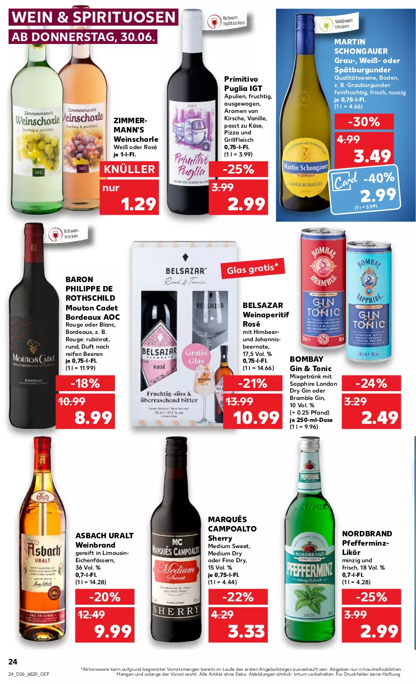 Aktueller Prospekt Kaufland - von 30.06 bis 06.07.2022 - strona 24 - produkty: angebot, aperitif, asbach uralt, auer, Bad, beere, beeren, Belsazar, burgunder, dry gin, eis, fleisch, frucht, getränk, gin, grill, himbeer, Käse, kirsch, kirsche, likör, limo, london dry, london dry gin, Mixgetränk, nordbrand, nuss, pfeffer, pfefferminzlikör, pizza, primitivo, qualitätswein, qualitätsweine, reifen, rotwein, rouge, Rubin, sapphire, schorle, spirituosen, Ti, tonic, vanille, wein, weinbrand, weine, weinschorle, Weißwein, ZTE