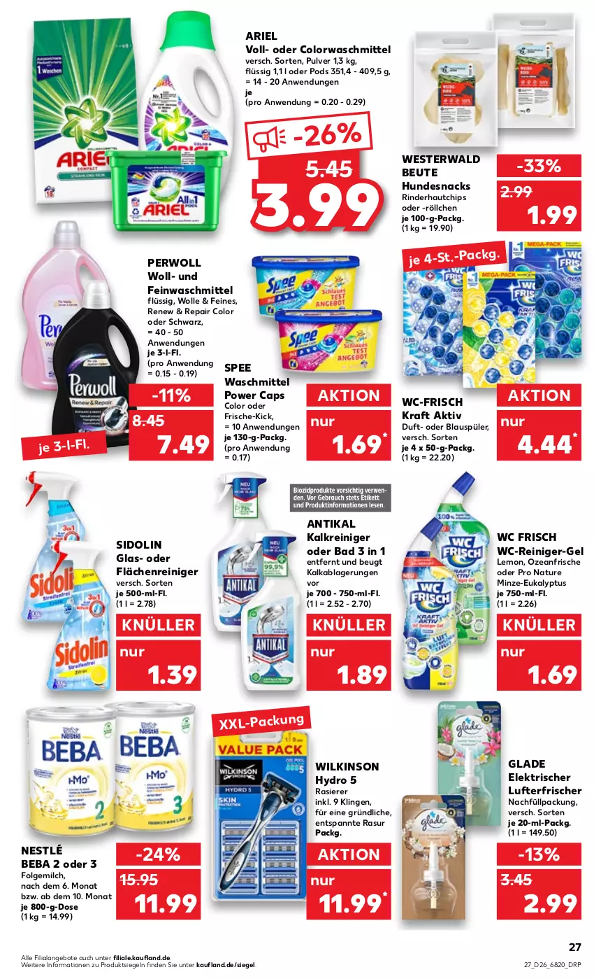 Aktueller Prospekt Kaufland - von 30.06 bis 06.07.2022 - strona 27 - produkty: angebot, angebote, ariel, Bad, Beba, Cap, chips, colorwaschmittel, feinwaschmittel, folgemilch, Glade, hundesnack, hundesnacks, Kalkreiniger, kraft, LG, lufterfrischer, milch, minze, natur, nestlé, perwoll, Pods, rasierer, reiniger, rind, rinder, sidolin, snack, snacks, spee, Ti, waschmittel, wc frisch, wc-reiniger, Weste, wilkinson, wolle, xxl-packung