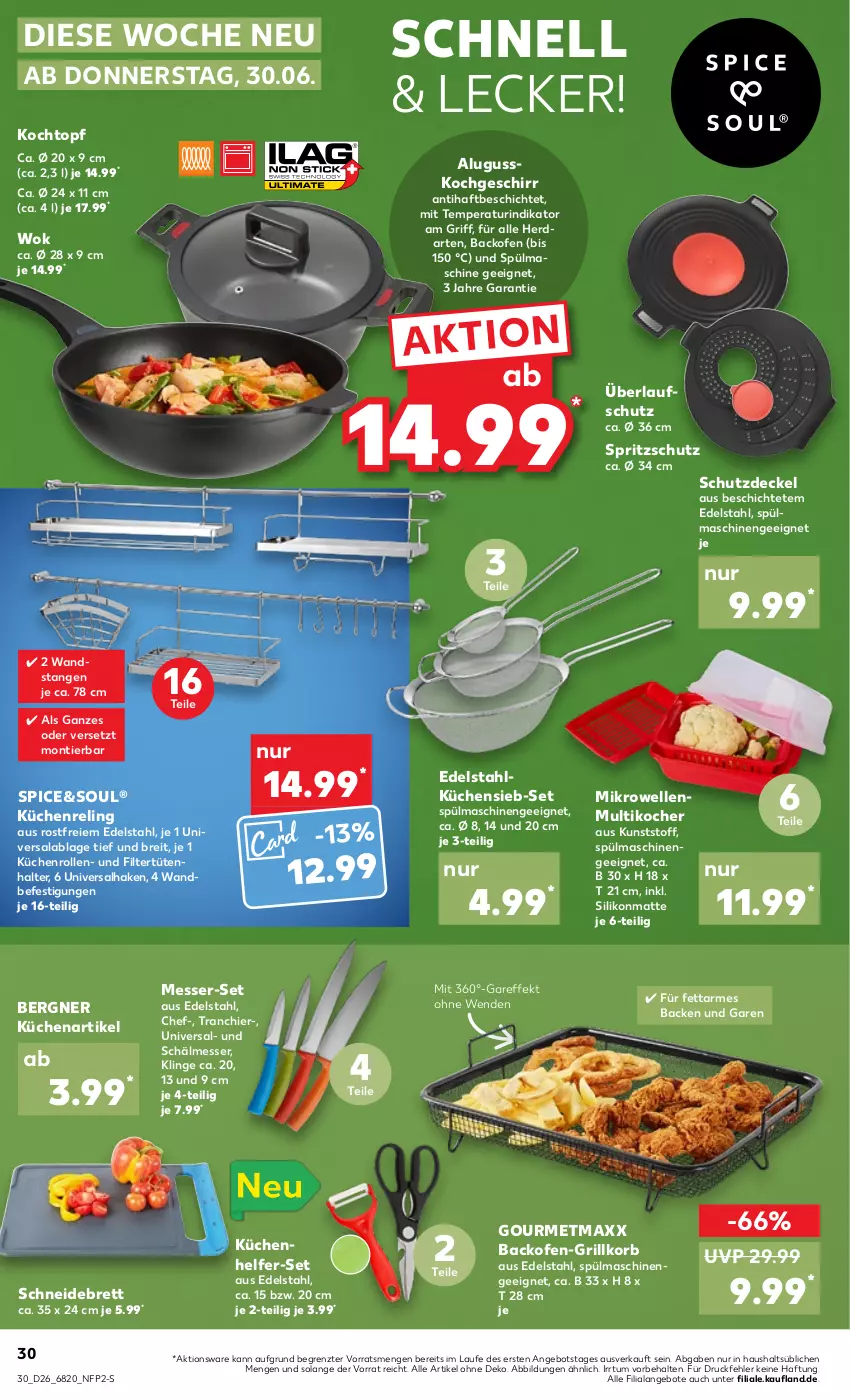 Aktueller Prospekt Kaufland - von 30.06 bis 06.07.2022 - strona 30 - produkty: angebot, angebote, backofen, Brei, decke, Deckel, edelstahl, elle, geschirr, gourmetmaxx, grill, herdarten, Kocher, Kochtopf, korb, küche, Küchen, Küchenhelfer, küchenrolle, küchenrollen, messer, mikrowelle, Multikocher, Ofen, rel, rind, schneidebrett, Spritzschutz, spülmaschinen, Ti, topf, Tüte, wok, ZTE