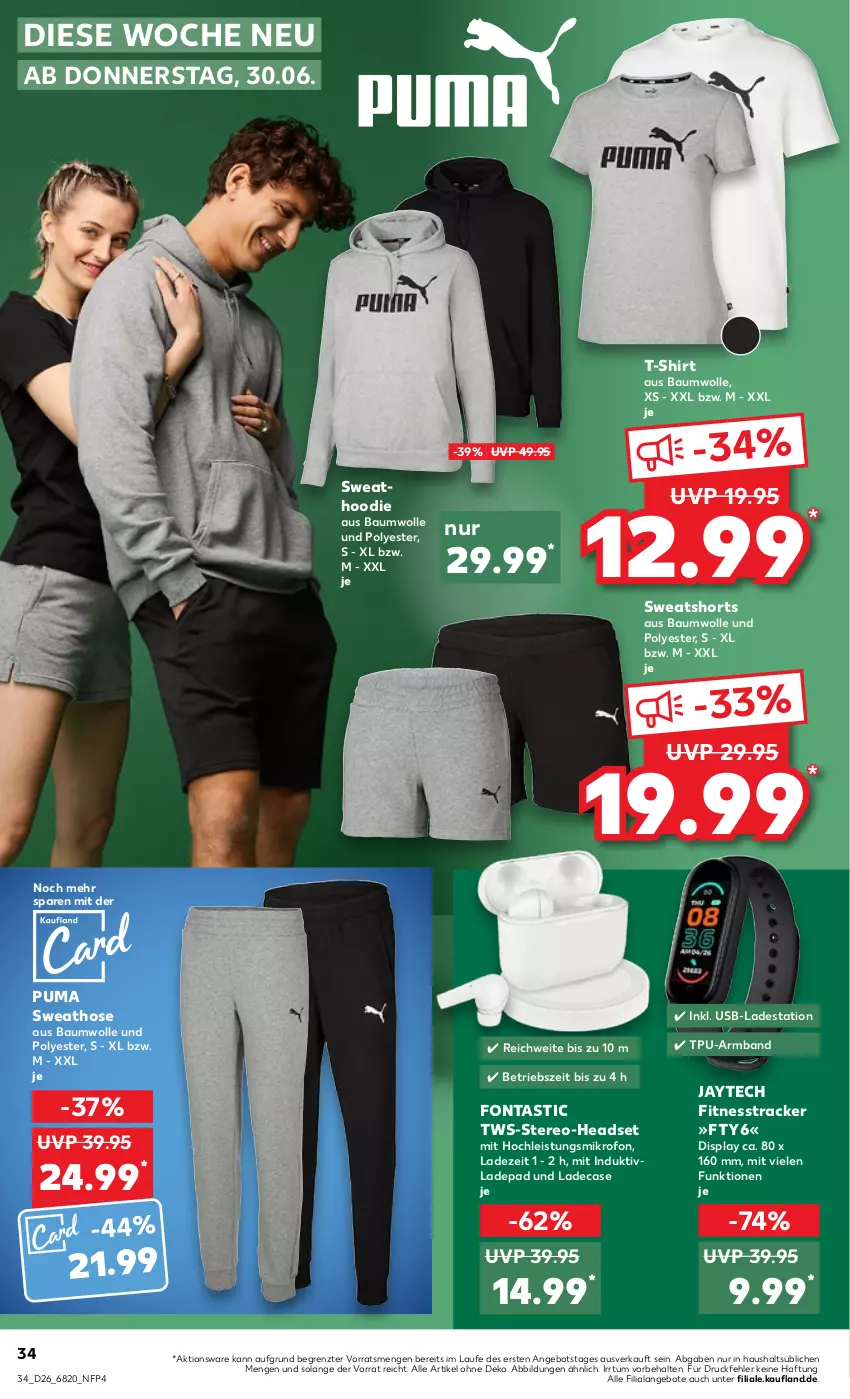 Aktueller Prospekt Kaufland - von 30.06 bis 06.07.2022 - strona 34 - produkty: angebot, angebote, Armband, asti, Bau, baumwolle, eis, fitnesstracker, Headset, hose, puma, shirt, shorts, Sweathose, sweatshorts, T-Shirt, Ti, usb, wolle, ZTE