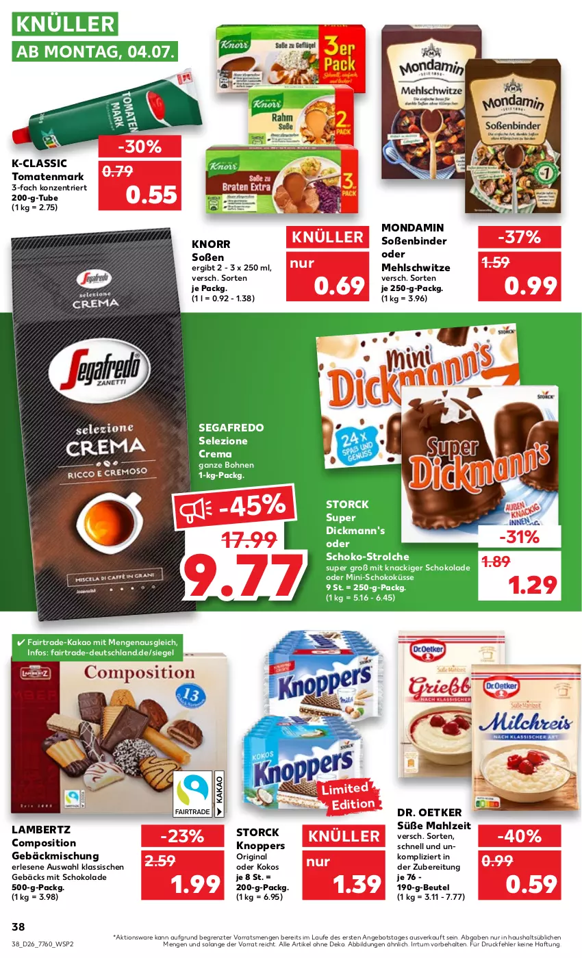 Aktueller Prospekt Kaufland - von 30.06 bis 06.07.2022 - strona 38 - produkty: Amber, angebot, beutel, bohne, bohnen, Dickmann's, Dr. Oetker, gebäckmischung, gin, kakao, knoppers, knorr, kokos, lambertz, mehl, mondamin, schoko, schokolade, Segafredo, Soße, storck, Ti, tomate, tomaten, tomatenmark, ZTE