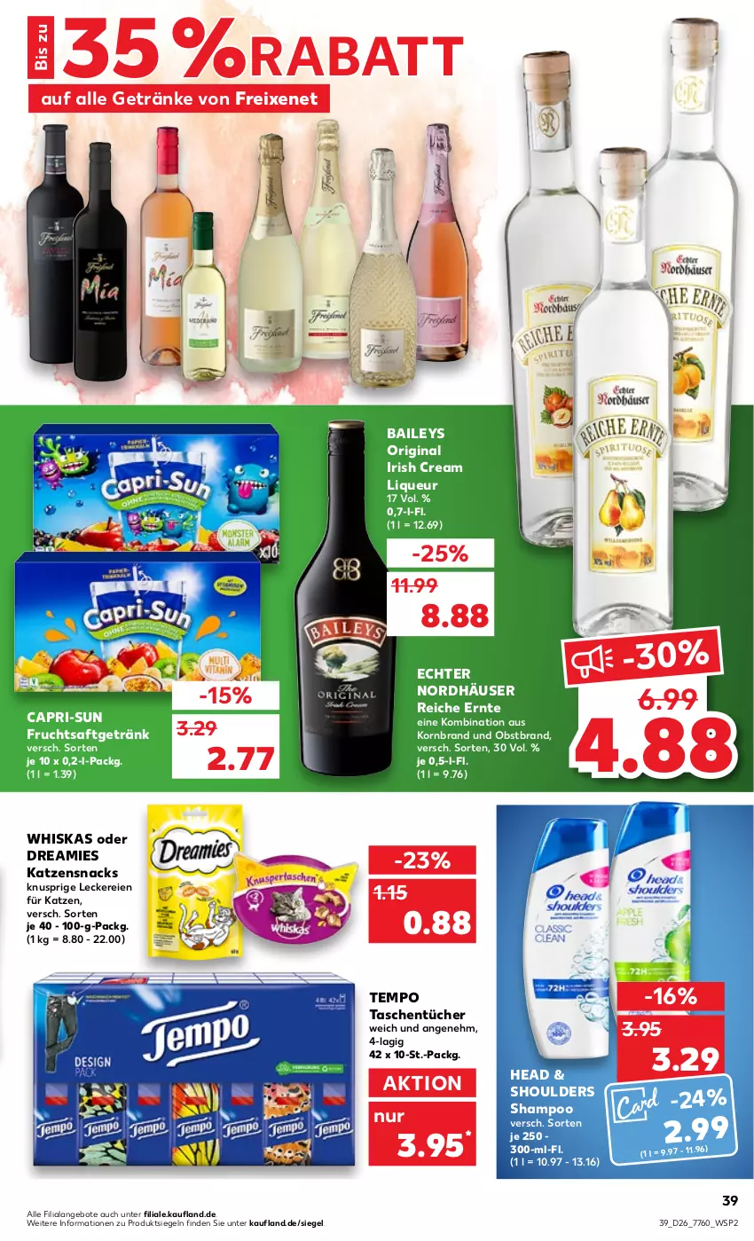 Aktueller Prospekt Kaufland - von 30.06 bis 06.07.2022 - strona 39 - produkty: angebot, angebote, baileys, Cap, capri-sun, dreamies, freixenet, frucht, fruchtsaft, fruchtsaftgetränk, getränk, getränke, gin, irish cream, katzensnack, katzensnacks, korn, liqueur, obst, Obstbrand, saft, shampoo, snack, snacks, Tasche, taschen, taschentücher, Tempo, Ti, tücher, whiskas