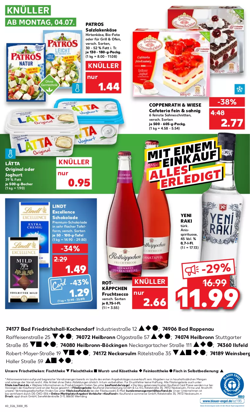 Aktueller Prospekt Kaufland - von 30.06 bis 06.07.2022 - strona 40 - produkty: angebot, angebote, Astra, Bad, Becher, bio, Bio-Feta, coppenrath, drucker, ecco, eis, elle, Engel, erde, feinkost, feinkosttheke, feta, fisch, fischtheke, fleisch, frucht, fruchtsecco, gin, grill, hirtenkäse, joghur, joghurt, Käse, käsetheke, kerze, lätta, LG, lindt, Ofen, patros, reis, Ria, rotkäppchen, sahne, salz, schnitten, schoko, schokolade, Ti, wein, wurst, yeni raki, ZTE