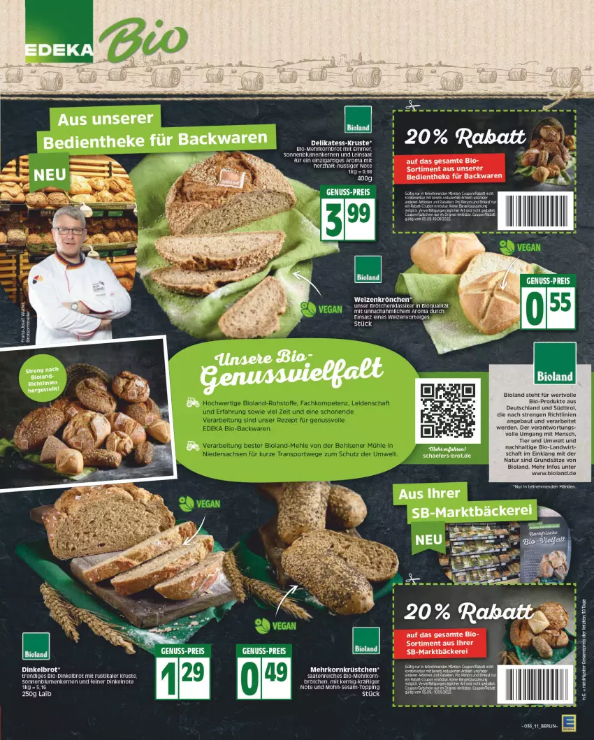 Aktueller Prospekt Edeka - Angebote der Woche - von 05.09 bis 10.09.2022 - strona 11 - produkty: backwaren, Bau, bio, bioland, blume, blumen, brot, brötchen, coupon, Dinkelbrot, eier, eis, erde, gin, gutschein, korn, natur, nuss, reis, sesam, sonnenblume, sonnenblumen, Sonnenblumenkerne, sonnenblumenkernen, tee, Ti, ZTE