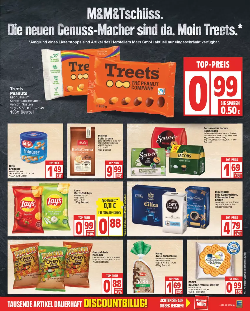 Aktueller Prospekt Edeka - Angebote der Woche - von 05.09 bis 10.09.2022 - strona 13 - produkty: auto, bella crema, beutel, bohne, bohnen, bourbon, brot, butter, chips, deka, eis, elle, erdnüsse, funny-frisch, jacobs, Jacobs Crema, kaffee, kaffeepads, kaffeevollautomat, kaffeevollautomaten, kartoffel, kartoffelchips, KnabberSnack, mac, Mantel, mars, melitta, mövenpick, nuss, oder jacobs, papier, pom-bär, reis, schoko, schokolade, schokoladen, senseo, snack, teller, Ti, tomate, tomaten, top-preis, vanille, vollautomaten, waffeln, ZTE