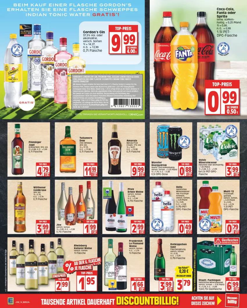 Aktueller Prospekt Edeka - Angebote der Woche - von 05.09 bis 10.09.2022 - strona 14 - produkty: alkohol, Alwa, amarula, coca-cola, cola, discount, drink, eis, elle, flasche, frucht, fruchtsaft, getränk, gin, glasflasche, goldkrone, gordon, Gordon’s, hella, irish whiskey, kräuter, krone, LG, mac, mineralwasser, mit frucht, monster, natur, natürliches mineralwasser, reis, rel, rotkäppchen, saft, schweppes, sekt, Staatl. Fachingen, Ti, tonic, tonic water, tullamore, tullamore dew, wasser, wein, weine, whiskey, wilthener, ZTE