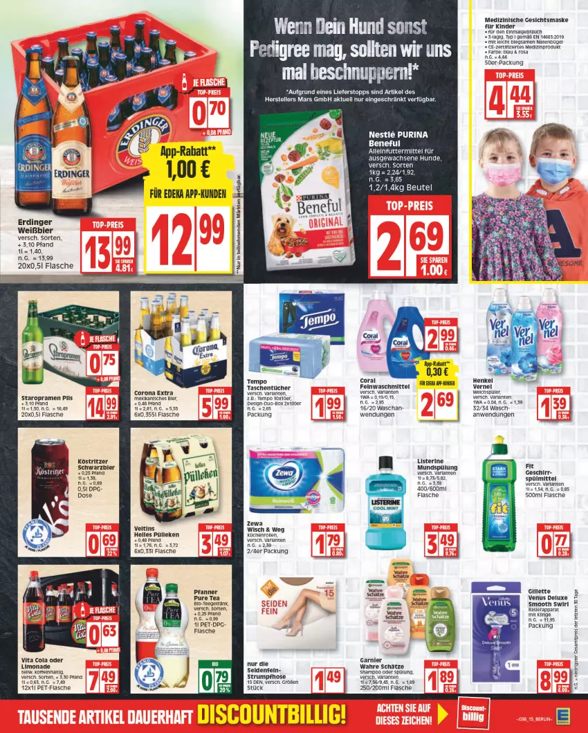 Aktueller Prospekt Edeka - Angebote der Woche - von 05.09 bis 10.09.2022 - strona 15 - produkty: alleinfuttermittel, arla, beutel, bier, bio, bügel, cola, Coral, corona, corona extra, deka, eis, elle, erdinger, feinwaschmittel, flasche, garnier, geschirr, Gesichtsmaske, getränk, gillette, gillette venus, hose, Kinder, köstritzer, küche, Küchen, küchenrolle, küchenrollen, LG, limo, limonade, listerine, mars, Maske, medizinprodukt, mundspülung, pedigree, pet-flasche, pfanne, Pfanner, pils, rasierapparat, Rauch, reis, rum, shampoo, shampoo oder spülung, spülmittel, spülung, Staropramen, Strumpfhose, swirl, Tasche, taschen, taschentücher, tee, teller, Tempo, Ti, tücher, veltins, venus, vernel, vita, Vita C, Wahre Schätze, waschmittel, weichspüler, zewa, ZTE