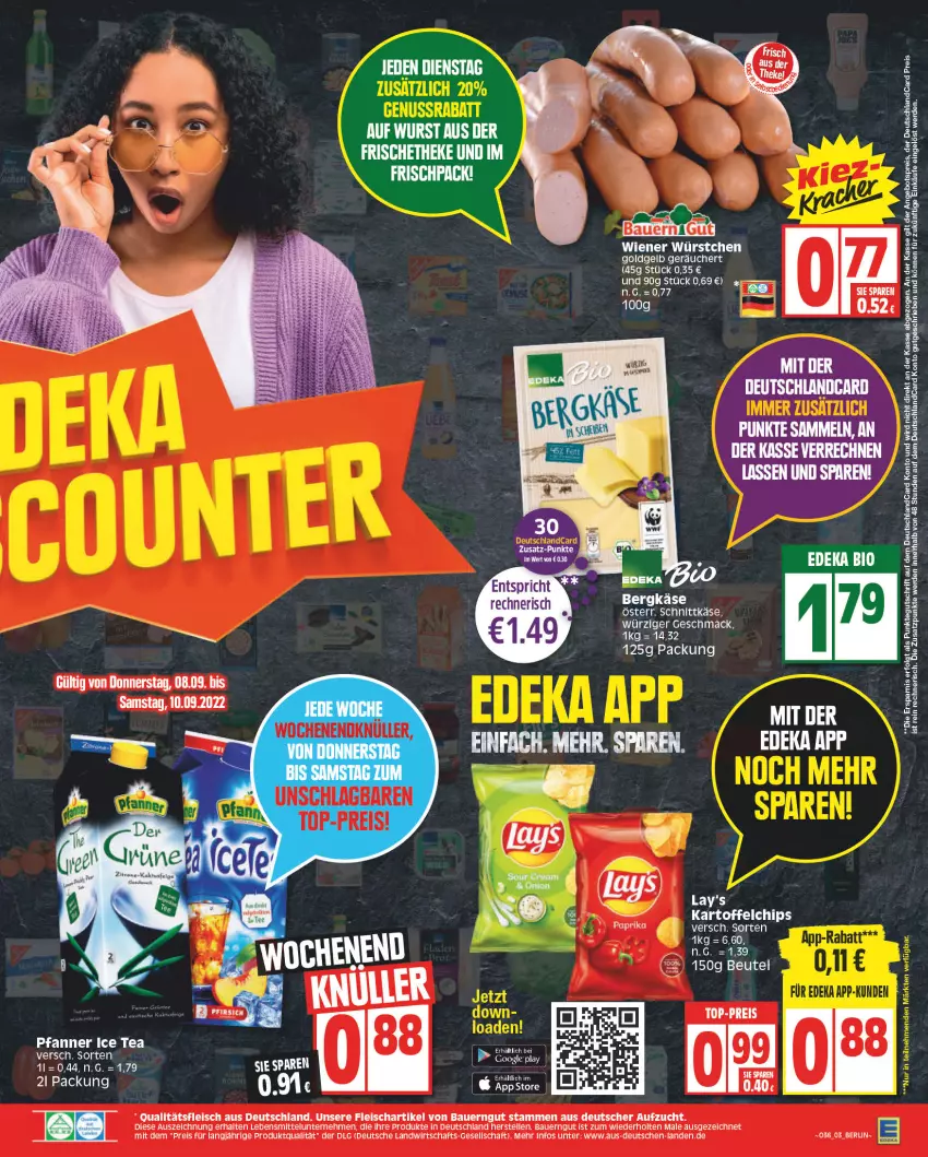 Aktueller Prospekt Edeka - Angebote der Woche - von 05.09 bis 10.09.2022 - strona 3 - produkty: angebot, angebotspreis, auer, Bau, Bauer, bauerngut, Bergkäse, beutel, chips, deka, deutschlandcard, eis, elle, erde, fleisch, ice tea, kartoffel, kartoffelchips, Käse, lebensmittel, LG, mac, ndk, pfanne, Pfanner, reis, schnittkäse, Ti, top-preis, wurst