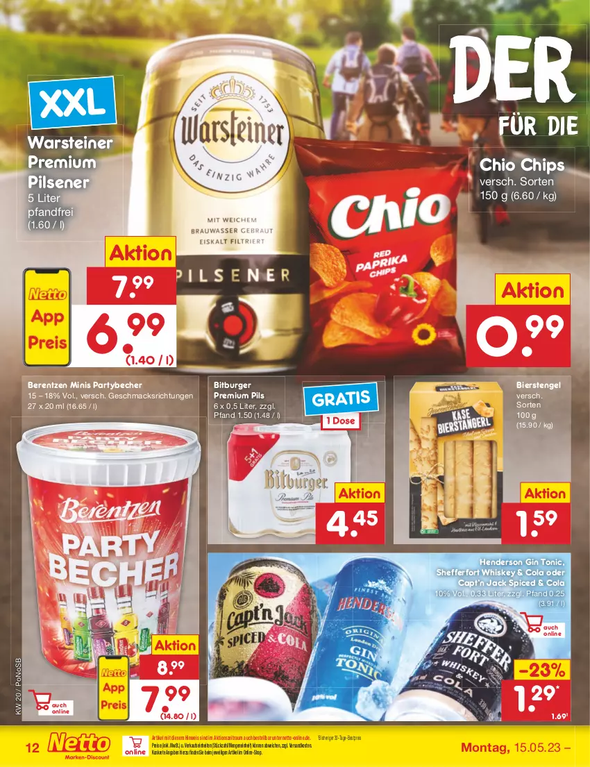 Aktueller Prospekt Netto Marken-Discount - Filial-Angebote - von 15.05 bis 20.05.2023 - strona 12 - produkty: Becher, berentzen, bestpreis, bier, bitburger, burger, Cap, chio chips, chips, cola, eis, enders, Engel, gin, mac, ndk, pils, pilsener, premium pils, reis, steiner, Ti, tonic, warsteiner, whiskey