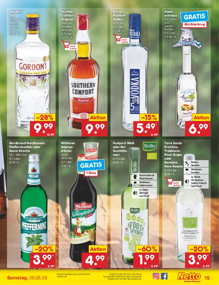 Aktueller Prospekt Netto Marken-Discount - Filial-Angebote - von 15.05 bis 20.05.2023 - strona 15 - produkty: angebot, bestpreis, bier, eis, elle, fisch, fleisch, Geflügel, gin, gordon, Gordon’s, kirsch, kirsche, kräuter, likör, nero, nordbrand, pfeffer, pfefferminzlikör, Pinot, pinot grigio, premium vodka, primitivo, qualitätswein, reis, rosato, salat, Southern Comfort, Ti, vodka, vorspeise, wein, Weißwein, whiskey, wilthener, ZTE