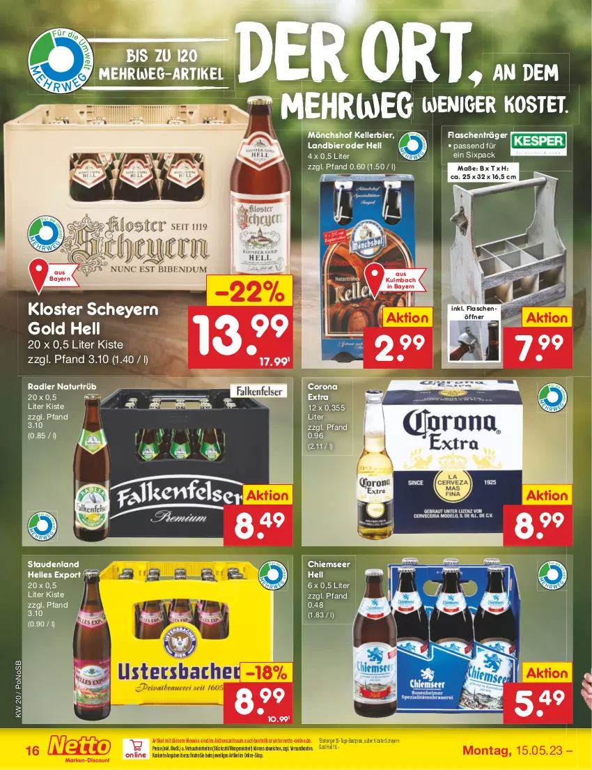 Aktueller Prospekt Netto Marken-Discount - Filial-Angebote - von 15.05 bis 20.05.2023 - strona 16 - produkty: bestpreis, bier, corona, corona extra, eis, elle, flasche, flaschenöffner, kellerbier, mönchshof, natur, ndk, radler, reis, rwe, stauden, Ti