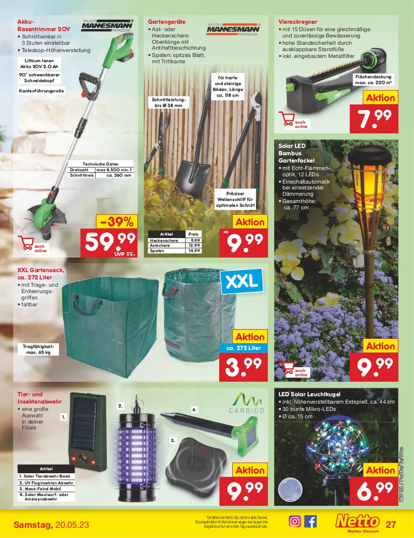 Aktueller Prospekt Netto Marken-Discount - Filial-Angebote - von 15.05 bis 20.05.2023 - strona 27 - produkty: akku, angebot, auto, bambus, Bau, eis, elle, Garten, Gartenfackel, Gartensack, gin, heckenschere, Kugel, lamm, leds, Maus, rasen, rasentrimmer, reis, sac, Schal, Schere, sekt, Spaten, Teleskop, Ti, Viereckregner, ZTE