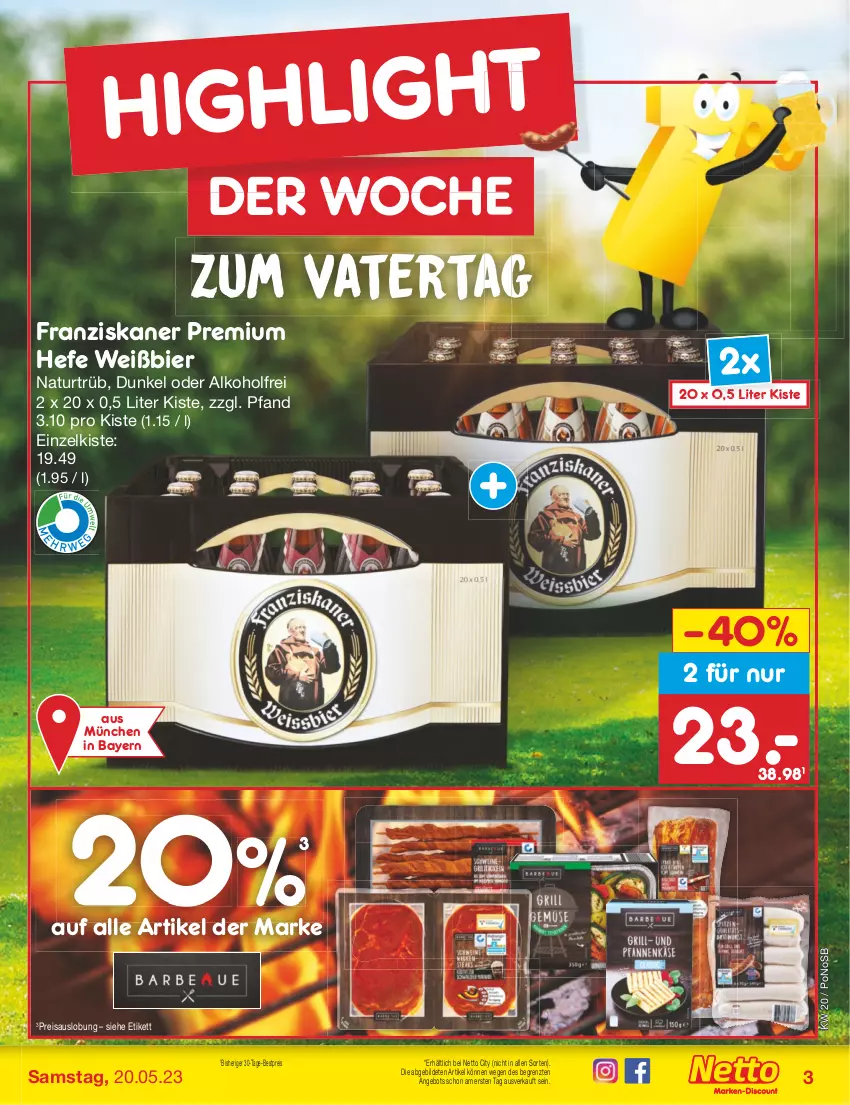 Aktueller Prospekt Netto Marken-Discount - Filial-Angebote - von 15.05 bis 20.05.2023 - strona 3 - produkty: alkohol, angebot, bestpreis, bier, eis, franziskaner, Hefe, natur, reis, Ti, ZTE