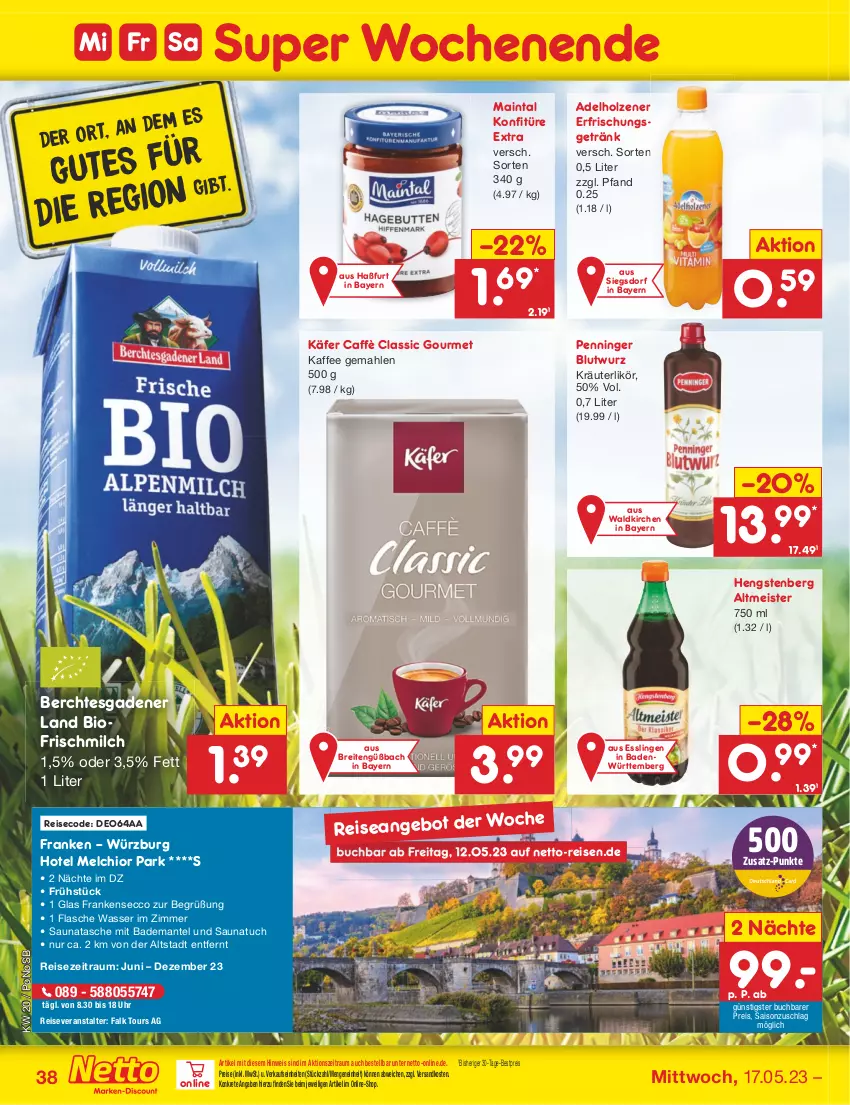 Aktueller Prospekt Netto Marken-Discount - Filial-Angebote - von 15.05 bis 20.05.2023 - strona 38 - produkty: adelholzener, angebot, Bad, Bademantel, bestpreis, bio, Brei, buch, ecco, eis, erfrischungsgetränk, flasche, getränk, hengstenberg, Hengstenberg Altmeister, Holz, käfer, kaffee, konfitüre, konfitüre extra, kräuter, kräuterlikör, likör, Mantel, Meister, milch, ndk, Penninger Blutwurz, reis, reiseveranstalter, Saunatuch, Tasche, Ti, tuc, uhr, wasser