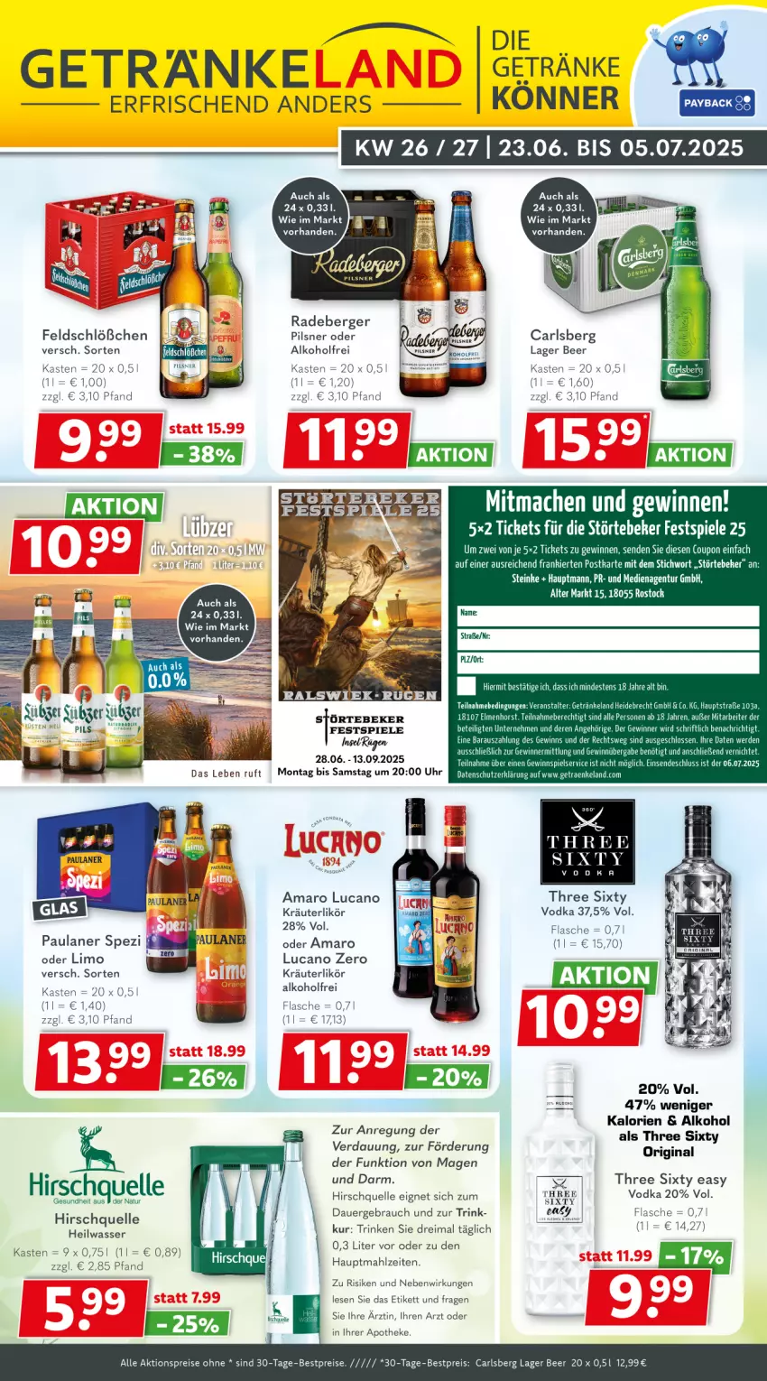 Aktueller Prospekt Getraenkeland - von 22.06 bis 04.07.2025 - strona 1 - produkty: aktionspreis, alkohol, amaro, Apotheke, Berger, bestpreis, bestpreise, carlsberg, eier, eis, Elan, elle, erde, flasche, Gesundheit, getränk, getränke, gewinnspiel, gin, kräuter, kräuterlikör, likör, limo, mac, natur, Paula, paulaner, pils, pilsner, radeberger, Rauch, reis, Spezi, Spiele, störtebeker, tee, Three Sixty, Ti, torte, uhr, vodka, wasser