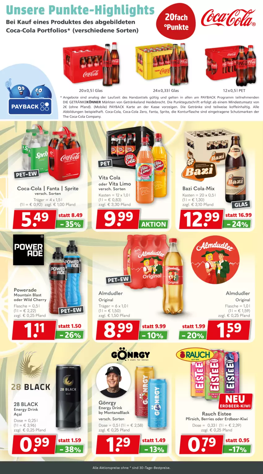 Aktueller Prospekt Getraenkeland - von 22.06 bis 04.07.2025 - strona 6 - produkty: aktionspreis, almdudler, angebot, angebote, bestpreis, bestpreise, coca-cola, cola, drink, eis, eistee, Elan, energy drink, fanta, flasche, getränk, getränke, gin, kiwi, lack, LG, limo, montana, payback, pfirsich, Rauch, reis, sprite, tee, Ti, vita, Vita C, Wild