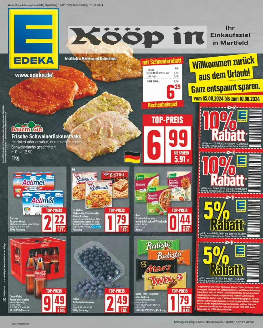 Aktueller Prospekt Edeka - Prospekte - von 05.08 bis 10.08.2024 - strona 1 - produkty: lachs, schnitten, schwein, schweine, Schweinelachs, Ti, wein, weine