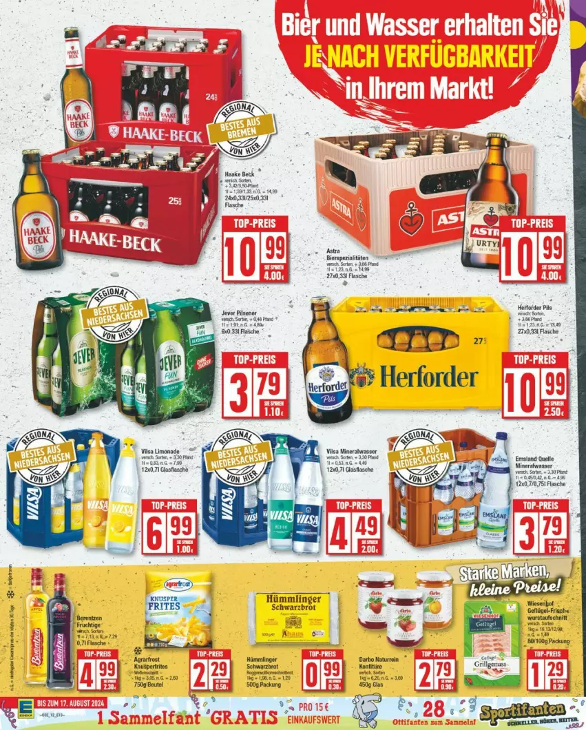 Aktueller Prospekt Edeka - Prospekte - von 05.08 bis 10.08.2024 - strona 12 - produkty: Alwa, aufschnitt, flasche, glasflasche, jever, jever pilsener, limo, limonade, mineralwasser, pils, pilsener, vilsa, wasser, wurst