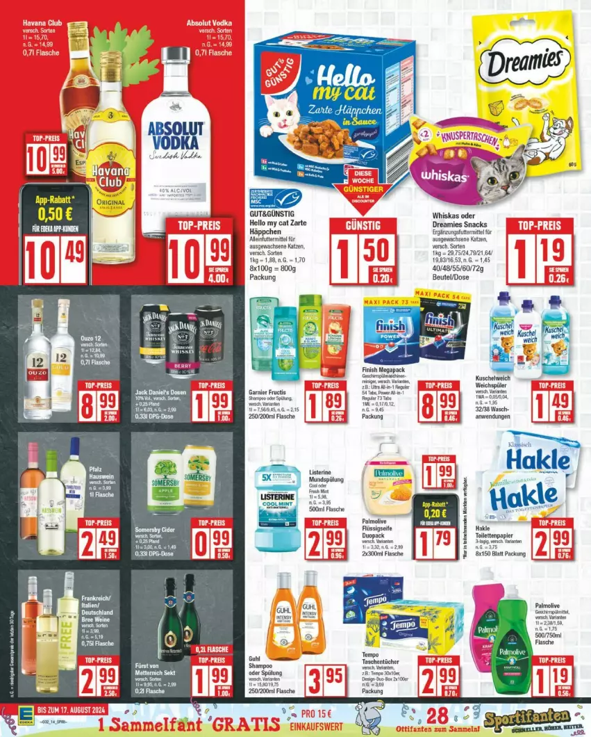 Aktueller Prospekt Edeka - Prospekte - von 05.08 bis 10.08.2024 - strona 14 - produkty: beutel, dreamies, Finish, flasche, flüssigseife, gin, hakle, Kuschelweich, mundspülung, olive, palmolive, papier, Seife, snack, snacks, spülung, Ti, toilettenpapier, weichspüler, whiskas, Yo