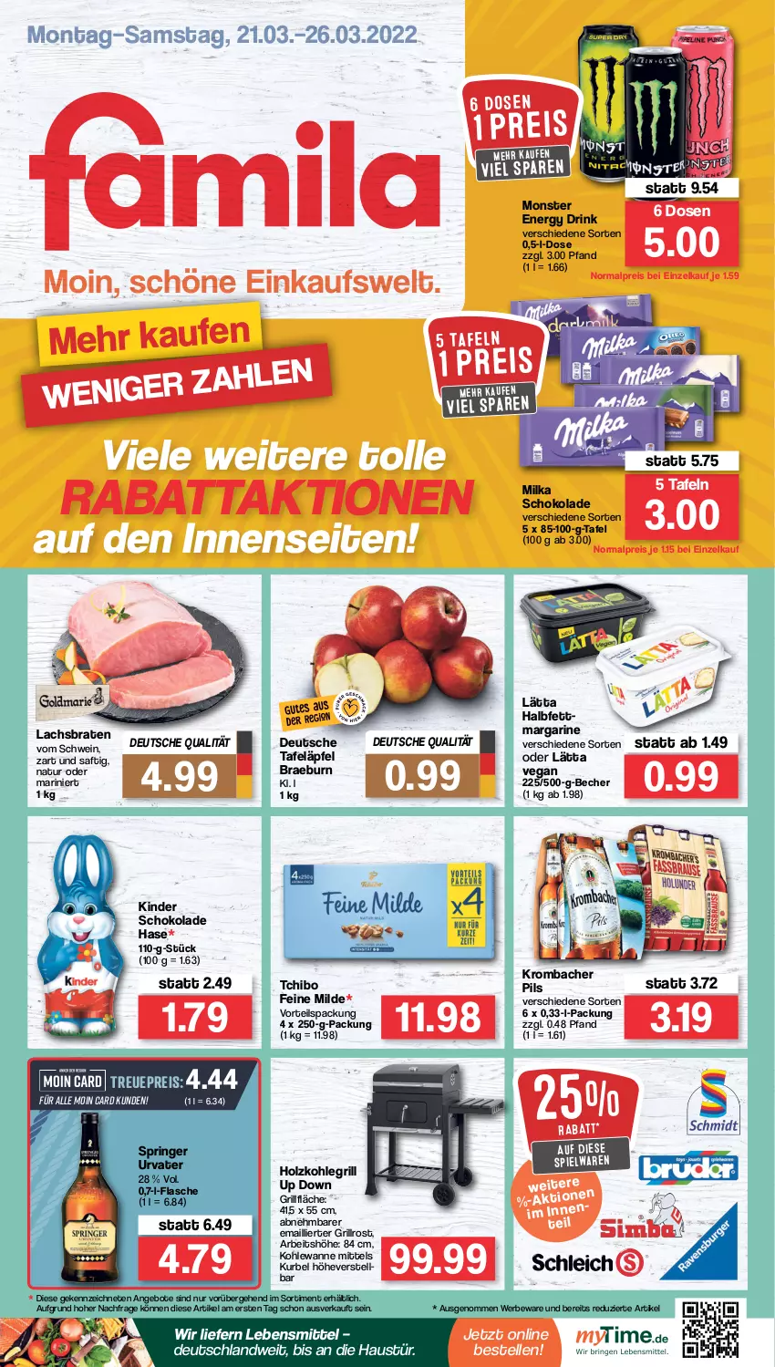 Aktueller Prospekt Famila - Prospekte - von 21.03 bis 26.03.2022 - strona 1 - produkty: angebot, angebote, aust, Becher, braten, drink, eis, elle, energy drink, flasche, grill, grillfläche, grillrost, Holz, holzkohle, holzkohlegrill, Kinder, kinder schokolade, Kohlegrill, krombache, krombacher, krombacher pils, lachs, Lachsbraten, lätta, lebensmittel, margarine, milka, milka schokolade, monster, Monster Energy, natur, pils, reis, ring, saft, schoko, schokolade, schwein, spielwaren, tafeläpfel, Tchibo, Ti, urvater, Wanne, wein