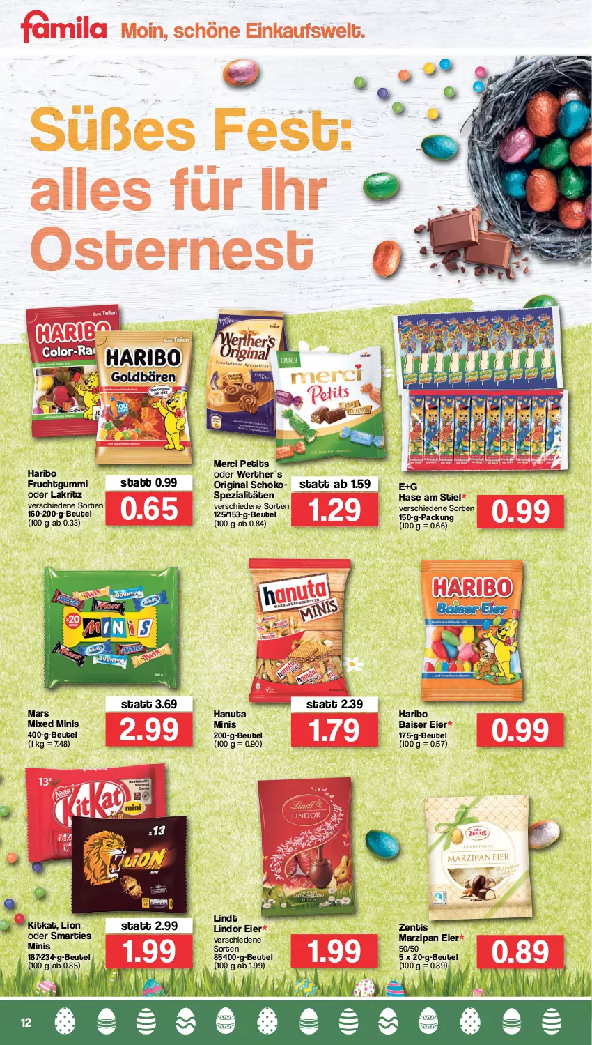 Aktueller Prospekt Famila - Prospekte - von 21.03 bis 26.03.2022 - strona 12 - produkty: beutel, eier, frucht, fruchtgummi, gin, hanuta, haribo, kitkat, Lakritz, lindor, lindt, lion, mars, marzipan, merci, oder lakritz, schoko, smarties, Spezi, Ti, zentis