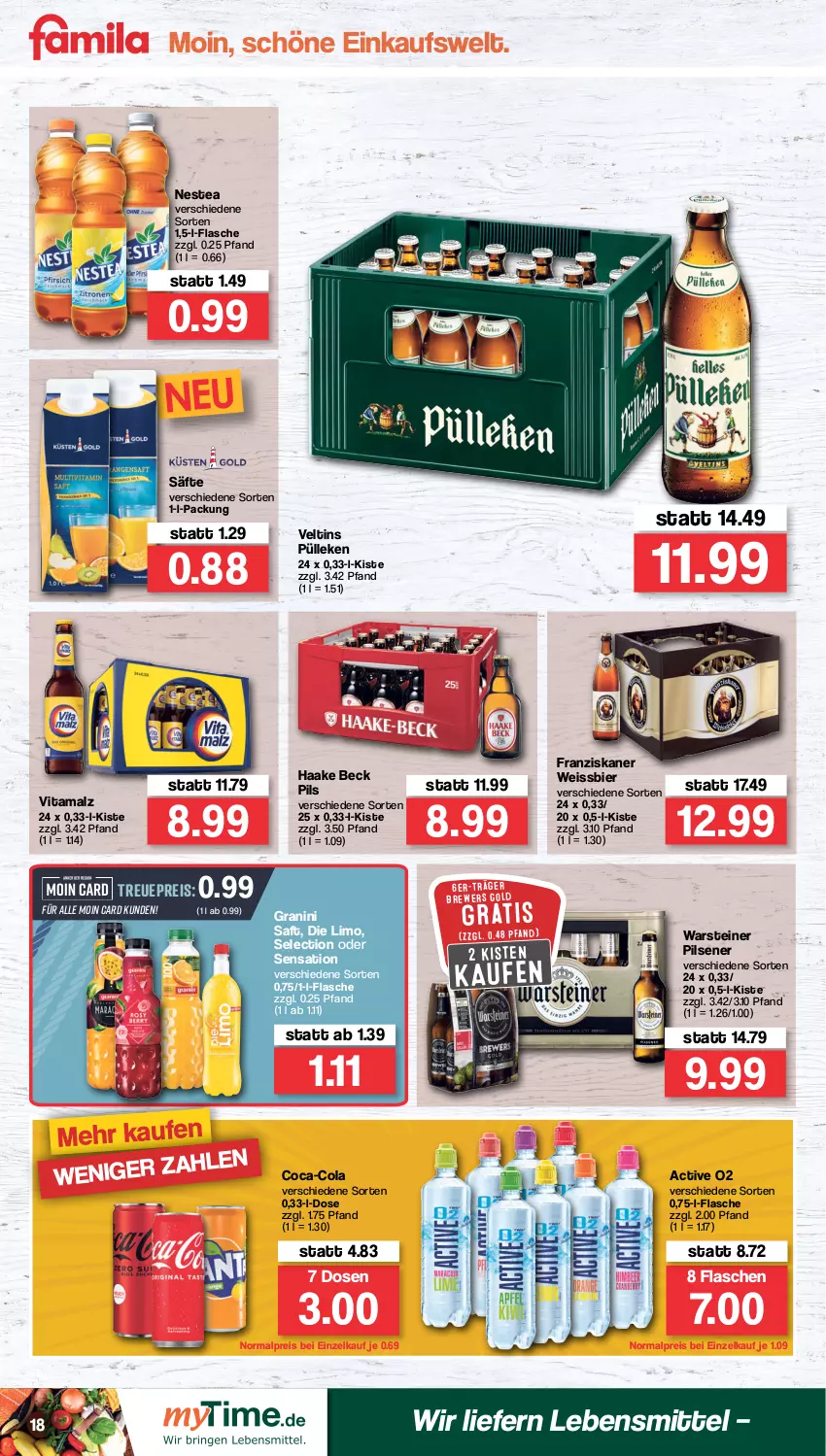 Aktueller Prospekt Famila - Prospekte - von 21.03 bis 26.03.2022 - strona 18 - produkty: bier, coca-cola, cola, eis, flasche, franziskaner, granini, lebensmittel, limo, malz, Nestea, pils, pilsener, reis, saft, säfte, steiner, Ti, veltins, vita, vitamalz, warsteiner, weissbier