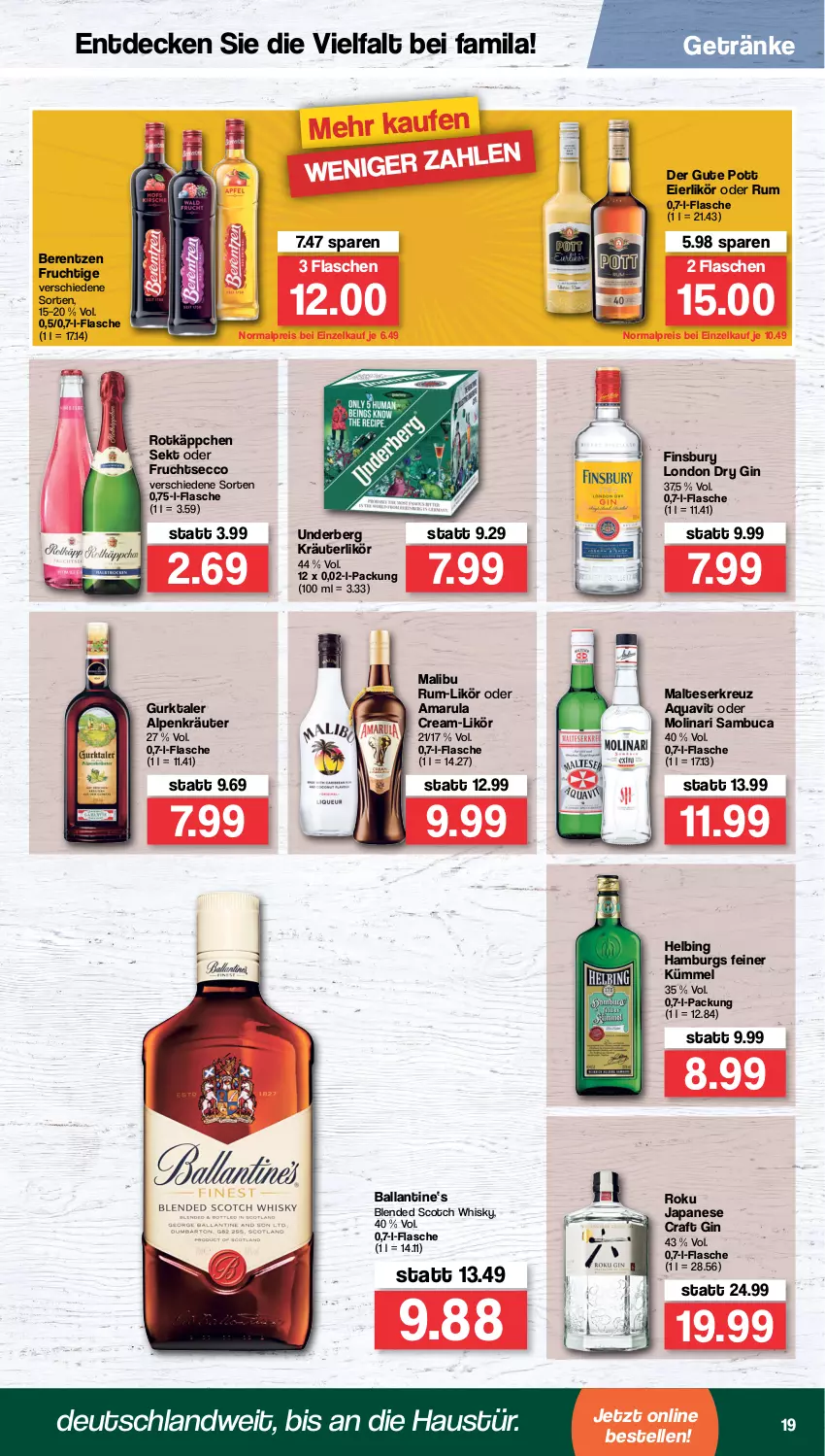 Aktueller Prospekt Famila - Prospekte - von 21.03 bis 26.03.2022 - strona 19 - produkty: amarula, aqua, aquavit, aust, ball, berentzen, blended scotch, blended scotch whisky, decke, dry gin, ecco, eier, eierlikör, eis, elle, finsbury, flasche, frucht, fruchtsecco, getränk, getränke, gin, Gurktaler, kräuter, kräuterlikör, likör, london dry, london dry gin, Malibu, malteser, Molinari, reis, rotkäppchen, rum, sambuca, scotch, scotch whisky, sekt, Ti, underberg, whisky