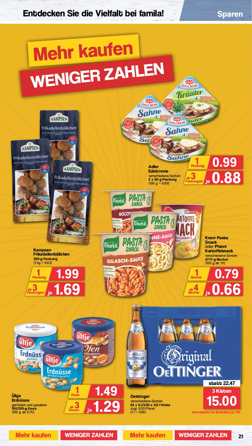 Aktueller Prospekt Famila - Prospekte - von 21.03 bis 26.03.2022 - strona 21 - produkty: Becher, creme, decke, dell, edelcreme, eis, elle, erdnüsse, frikadellen, kartoffel, knorr, knorr pasta, oettinger, pasta, pasta snack, pfanni, reis, salz, snack, Ti, ültje, ültje erdnüsse