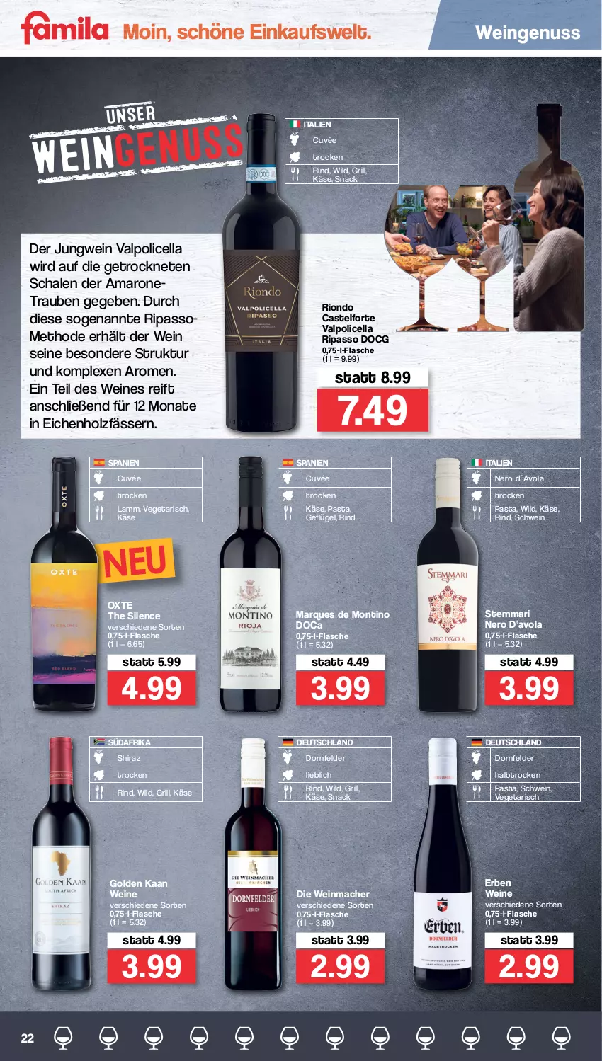 Aktueller Prospekt Famila - Prospekte - von 21.03 bis 26.03.2022 - strona 22 - produkty: amaro, cuvée, dornfelder, flasche, Geflügel, grill, Holz, Käse, lamm, mac, nero, nuss, passo, pasta, rind, Schal, Schale, schwein, snack, Ti, trauben, Valpolicella, Vegeta, wein, weine, Wild