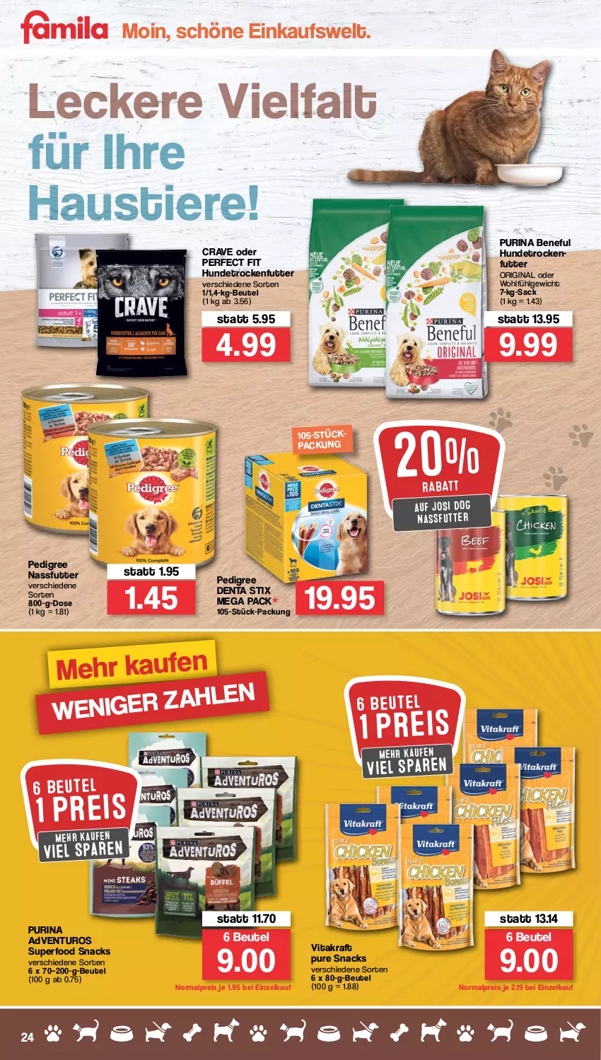 Aktueller Prospekt Famila - Prospekte - von 21.03 bis 26.03.2022 - strona 24 - produkty: adventuros, aust, beutel, eis, gin, kraft, LG, nassfutter, pedigree, Perfect Fit, purina, reis, sac, snack, snacks, Stier, Ti, Tiere, trockenfutter, vita, vitakraft