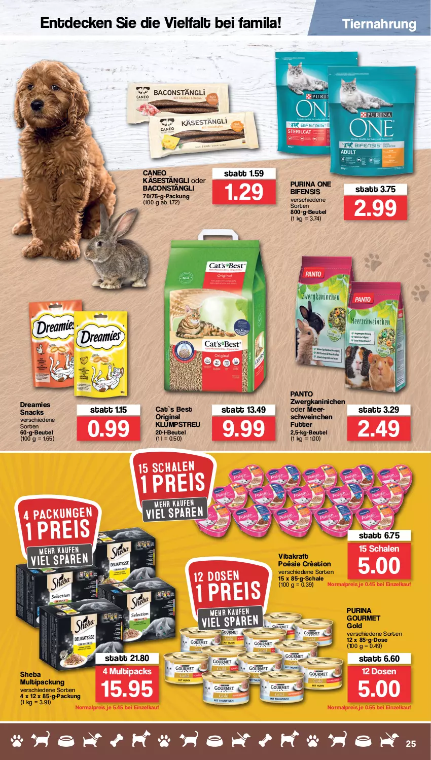 Aktueller Prospekt Famila - Prospekte - von 21.03 bis 26.03.2022 - strona 25 - produkty: bacon, beutel, decke, dreamies, eis, gin, gourmet gold, Käse, klumpstreu, kraft, purina, reis, Schal, Schale, schwein, sheba, snack, snacks, Ti, tiernahrung, vita, vitakraft, wein