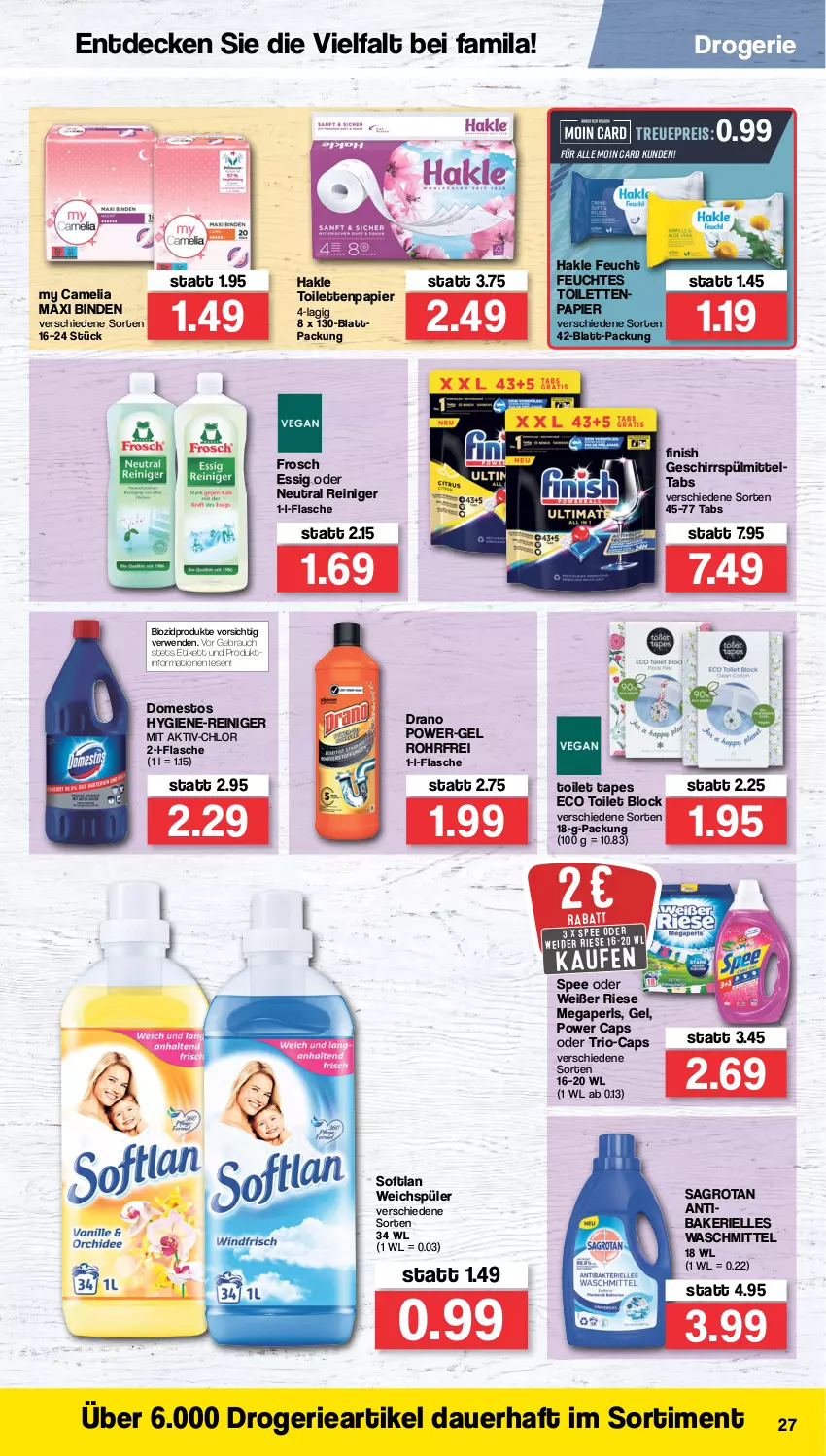 Aktueller Prospekt Famila - Prospekte - von 21.03 bis 26.03.2022 - strona 27 - produkty: auer, binden, bio, biozidprodukte, camelia, Cap, decke, domestos, eis, elle, essig, Finish, flasche, Frosch, geschirr, geschirrspülmittel, hakle, hakle toilettenpapier, hygiene-reiniger, megaperls, papier, power-gel, Rauch, reiniger, reis, rwe, sagrotan, Softlan, spee, spülmittel, Ti, toilettenpapier, waschmittel, weichspüler