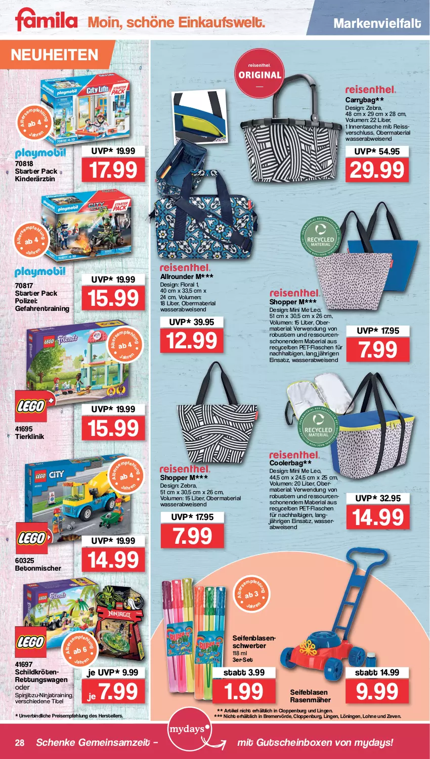 Aktueller Prospekt Famila - Prospekte - von 21.03 bis 26.03.2022 - strona 28 - produkty: Carrybag, eis, elle, flasche, gsw, gutschein, Kinder, mydays, neuheit, pet-flasche, pet-flaschen, rasen, rasenmäher, reis, reiss, Ria, rwe, Seife, Tasche, teller, Ti, wasser